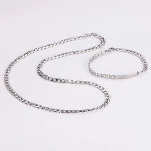 Detailed set of silver cuban link chain necklace and bracelet with smooth ID plate