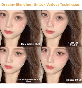 Detailed guide showing four blush application styles for natural pink makeup effects