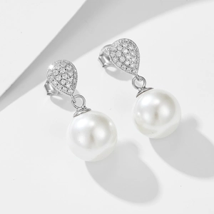 Elegant s925 silver stud earrings with teardrop zircon and round white pearl pendants