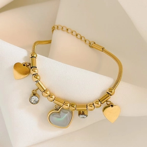 Heart Pendant Bracelet Stainless Steel Gold Plated Snake Chain With Shell Beads And Zircon Jewelry For Women