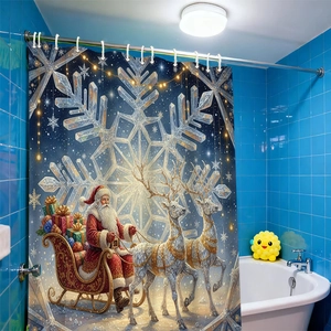 Christmas shower curtain featuring Santa on a reindeer sleigh with snow patterns