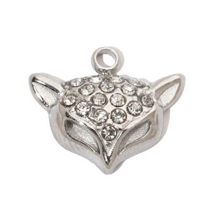 Detailed close-up of a fox-shaped silver pendant with sparkling white rhinestones