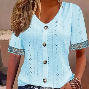 Women V Neck T-Shirt Short Sleeve Eyelet Jacquard Hollow Out Button Elegant Lace Patchwork Summer Casual Top