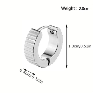 Macro view of silver punk gear earring showing dimensions of 1.3cm by 0.4cm