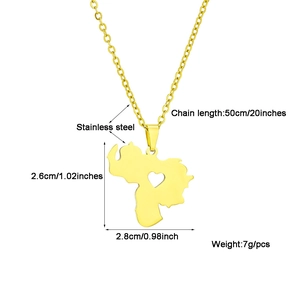 Detail showing dimensions of gold stainless steel Venezuela map pendant with heart cutout