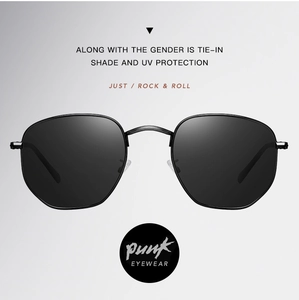 Detail of irregular metal frame sunglasses with UV protection and punk rock aesthetics