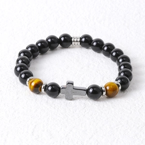 8mm natural tiger eye and black agate beaded bracelet with a grey metal cross charm