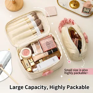 Corduroy makeup bag set in beige with floral decor and large capacity storage