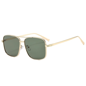 Classic square double bridge gold metal frame sunglasses with dark green polarized lenses