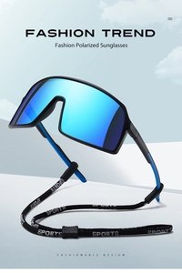 Macro detail of blue polarized lens with sports strap on TR90 sports sunglasses