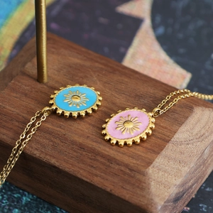 Bohemian 18K gold plated oval sun pendant necklace with pink and blue enamel detailing
