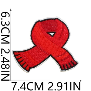 Detailed measurement of red scarf embroidery patch showing dimensions 7.4cm x 6.3cm