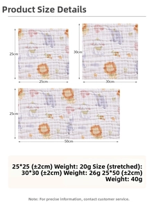 Detailed size specifications for cotton baby muslin washcloths in three dimensions