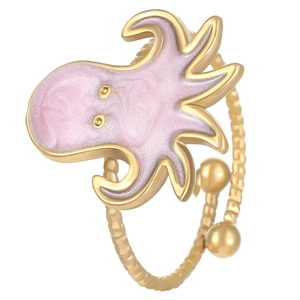 Anello polpo dorato regolabile con smalto rosa glitterato e trama di perline in acciaio inox