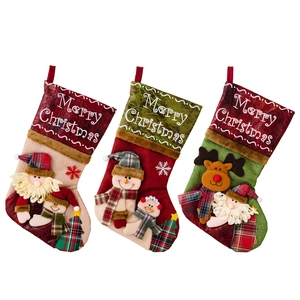 Set of 3 large Christmas stockings with 3D Santa, Snowman and Reindeer in red plaid fabric