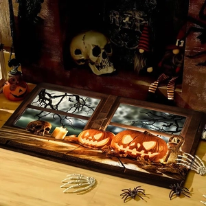 Close-up of Halloween diatom mud mat with spooky window scene on a wooden surface