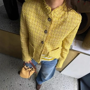 Women Tweed Jacket Elegant Round Neck Long Sleeve Short Coat With Gold Buttons And Fringe Detail Outwear