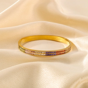 18K gold-plated stainless steel bangle with double row of rainbow cubic zirconia stones