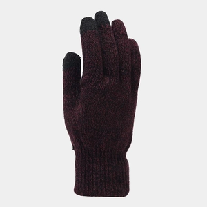 Detail of burgundy knitted gloves featuring touch screen fingertips and ribbed cuffs