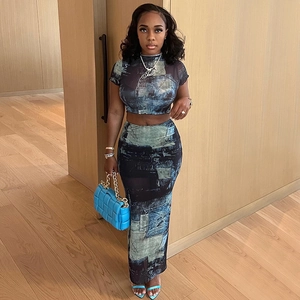Women Abstract Print Short Sleeve Crop Top And High Waist Slim Maxi Skirt Streetwear Summer Casual Outfits Breathable