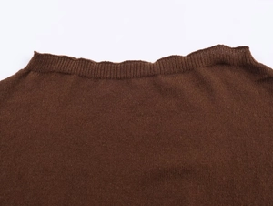 Close-up of ribbed knit neckline on brown sweater with detailed textured finish