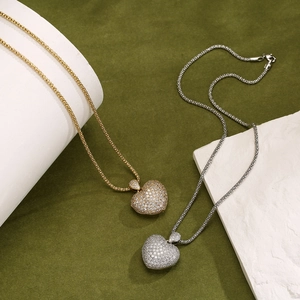Copper Heart Pendant Necklace Full Micro Pave Cubic Zirconia Sparkling Mesh Chain Elegant Fashion Jewelry For Women
