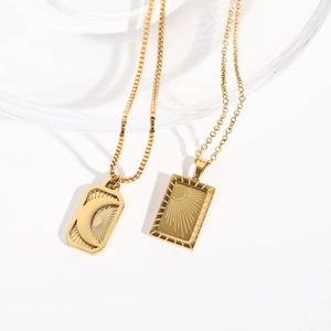 Gold titanium steel square necklaces with sun and moon pendants on a clean white background