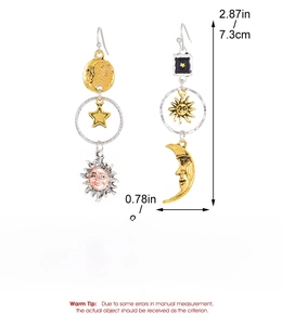 Detailed size and weight chart for Bohemian sun and moon star tassel earrings
