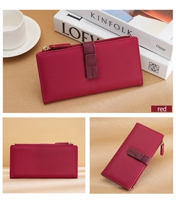 Three-way view of red long leather wallet with contrast drawstring and zipper details