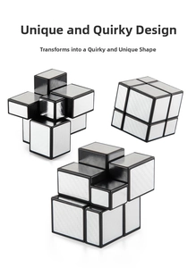 Macro detail of silver mirror magic cube showing irregular 3D geometric shapes on white background