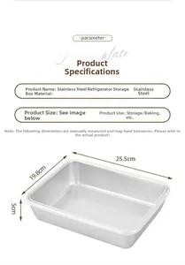 Detailed view of 25.5x19.8x5cm stainless steel food container with size measurements
