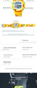 Detailed technical specifications and dimension guide for kids colorful digital sport watch