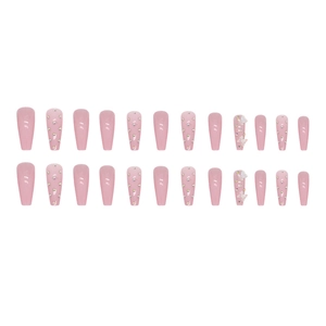 Pink long ballerina press-on nails set with crystal butterflies and sparkling rhinestones