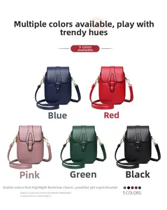 Detail view of mini crossbody bags showing five colors and lychee texture faux leather