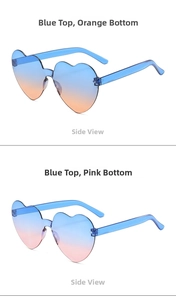 Detail view of heart-shaped rimless sunglasses in blue-orange and blue-pink gradients