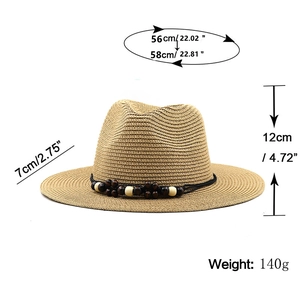 Chapeau Fedora en paille à large bord avec ruban perlé et dimensions détaillées