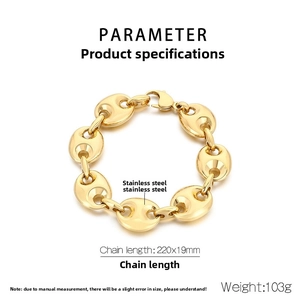 Polished 18k gold plated coffee bean link bracelet in stainless steel with lobster clasp