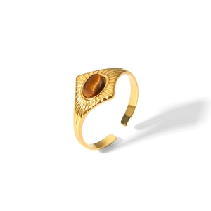 Bague vintage en acier inoxydable doré 18 carats avec œil de tigre et gravure soleil