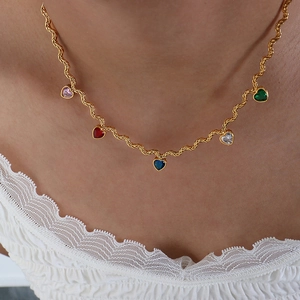 Heart Pendant Necklace Brass Gold Plated Colorful Zirconia Twist Rope Chain Romantic Jewelry Gift For Women Girls