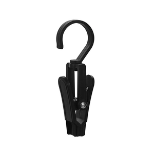 Versatile black plastic laundry clip with a 360-degree rotating hook for drying socks