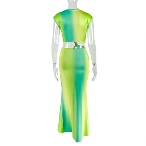 Detail of green yellow ombre gradient bodycon set with lace-up back and ruching