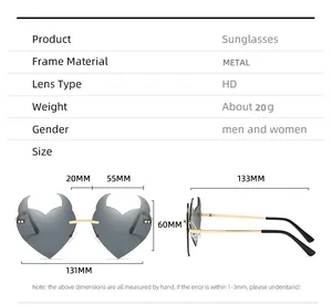 Detail specifications showing rimless metal frame sunglasses with precise dimensions and weight
