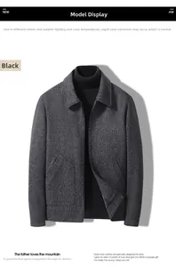 Macro detail of men's wool blend lapel jacket showcasing black textured tweed fabric weave