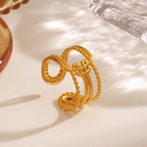 Bague Ouverte Géométrique Multicouche En Acier Inoxydable Plaqué Or 18K Bordure Perlée Ajustable Bijoux Pour Femmes