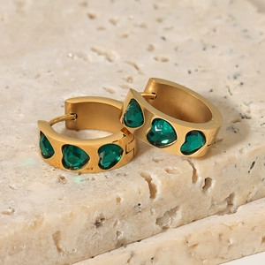 Elegant 18K gold plated stainless steel hoop earrings with green heart zircon accents