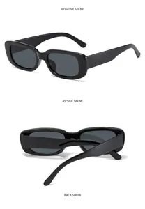 Detailed views of vintage small rectangle sunglasses with black frames and dark grey lenses