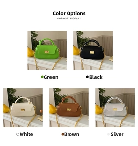 Detailed comparison of five candy-colored crossbody bags with gold locks and chain straps