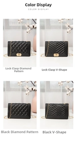Detailansicht schwarzer Stepptaschen mit V-Muster, Kettenriemen und Goldverschluss