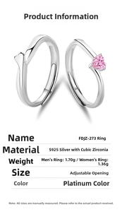 Detailed technical chart for adjustable S925 silver rings with pink heart zircon