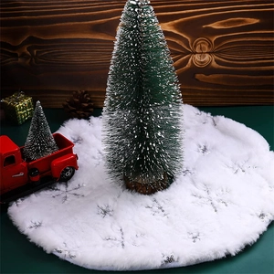 38cm white plush Christmas tree skirt with silver snowflake sequins on wood background